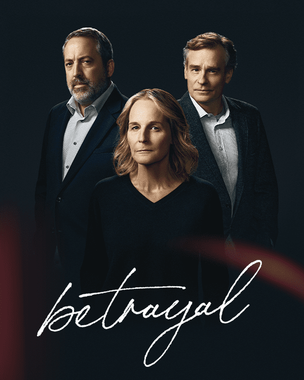 Dramatically lit against a dark background, the primary cast members — Ian Barford, Helen Hunt and Robert Sean Leonard —interrogate the viewer with serious expressions.